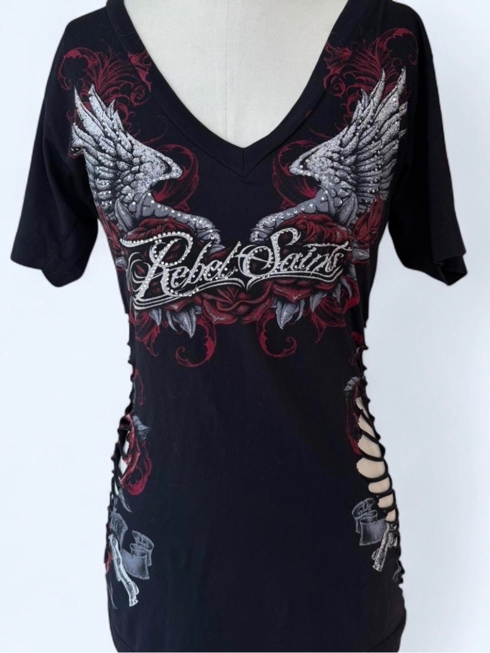 Y2K Rebel Saints Grunge Graphic Tee with Wing Detail